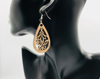 Wood Earrings Laser Cut Intricate Teardrop Dangle Earrings, Wooden Earrings, Unique Earrings, Wood Earrings, Gift for Her