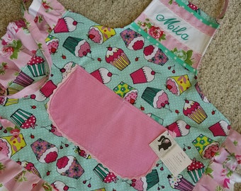 Girls Aprons - Girls Aprons with Cupcake Fabric - Turqoise Girls Apron - Girls Pink Aprons - Girls Aprons with Pockets - Annies Attic Aprons