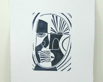linocut - ELDER // 8x10 art print // printmaking // block print // dark blue // mask // original art // wall art // 4x6 // geometric faces
