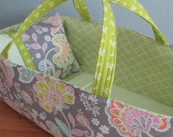 Doll Carrier, Will Fit Bitty Baby and Wellie Wisher Dolls, Paisley with Green Lining, 16 Inches Long, Doll Basket