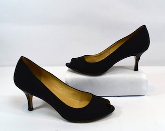 Bruno Magli Vintage 90s Black Canvas Peep Toe Heels Size 6.5B Made in Italy
