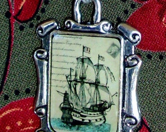 SHIP NECKLACE, Long pendant, Faceted blue and black crystal beads, Silver and Bronze, RedRobinArt, Grigsby Gallery and Gifts