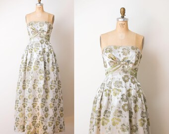 1950s Gown / 50s Brocade Strapless Evening Gown