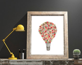 DIGITAL DOWNLOAD // Floral Hot Air Balloon // Wall Decor, Home Decor, Print, Poster, Gift, Inspirational