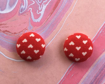 White Hearts on Red Fabric Button Earrings