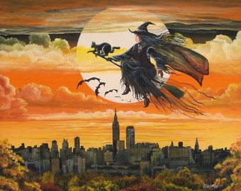 Halloween Folk Art "City Witch" Witch Flying Over New York City Full Moon PRINT Byrum Art HAGUILD