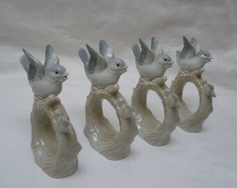 Otigiri Mercantile Company porcelain bluebird napkin rings set of 4 from the 1970's, OMC napkin rings