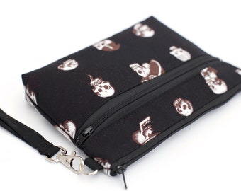 Black and White Voodoo Skull Wristlet with removable strap - punk rock