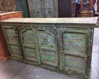 FARMHOUSE ECLECTIC Antique Old Door Console Rustic Chest Distressed Green Sideboards Buffet Cabinet Shabby Chic 18