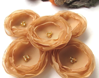 Handmade sheer voile fabric sew on flower appliques, fabric flowers, floral embellishments, flowers for crafts (5pcs)- CARAMEL BLOSSOMS