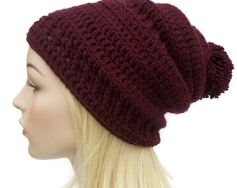 Maroon Beanie, Slouchy Hat, PomPom Hat, Womens Hats, Slouchy Beanie, Gifts for Teenage Girls, Crochet Beanie, Gifts for Girlfriend, Cute Hat