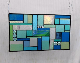 Stained Glass Patchwork Quilt, Stained Glass Panel, Stained Glass Window, Glass Transom Window Panel, Glass Quilt in Teal Green Aqua Blue