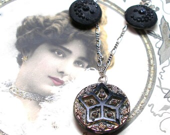 STARS Antique BUTTON necklace, Victorian Moon & stars on sterling silver, button jewellery.
