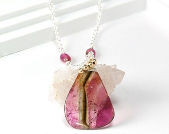 Watermelon Tourmaline Silver necklace - Watermelon Tourmaline slice pendant layering Necklace, October Birthstone jewelry, Handmade Gift
