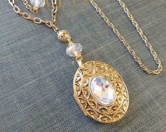 Vintage Assemblage Locket Necklace / Vintage Chain / Blown Glass Bead / Avon / OOAK / Assemblage Jewelry / Repurposed / Gold Jewelry