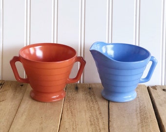 Vintage Orange & Blue Milk Glass Hazel Atlass Cream and Sugar Bowls