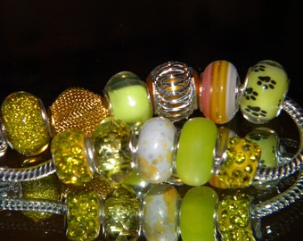 NEW 11/pc YELLOW'S European Style Charm Beads(only) lot Glitter, Paved, Metal, Mixed, large hole spacer charm Beads lot (Ayw)