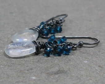 Moonstone Cluster Earrings Turquoise Blue Quartz Oxidized Sterling Silver Beaded Earrings