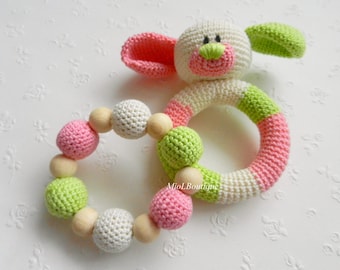 Baby rattle SET of 2 Crochet Baby toy Grasping Teething Toys Dog Teether Stuffed toys Gift for baby Girls Boys Rattle