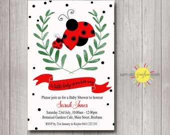 Printable Digital Custom Baby Shower Invitation Lady Bug Red Green Black and White Leaf Girl