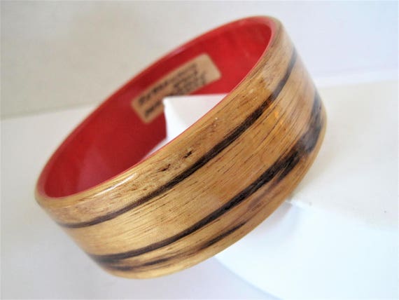 Zebra Wood Bangle, Africa Dyed Sycamore Wood, Red Lined, Signed France Bracelet,