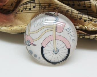2 14 mm glass cabochon has pink bicycle/bike - 14 mm