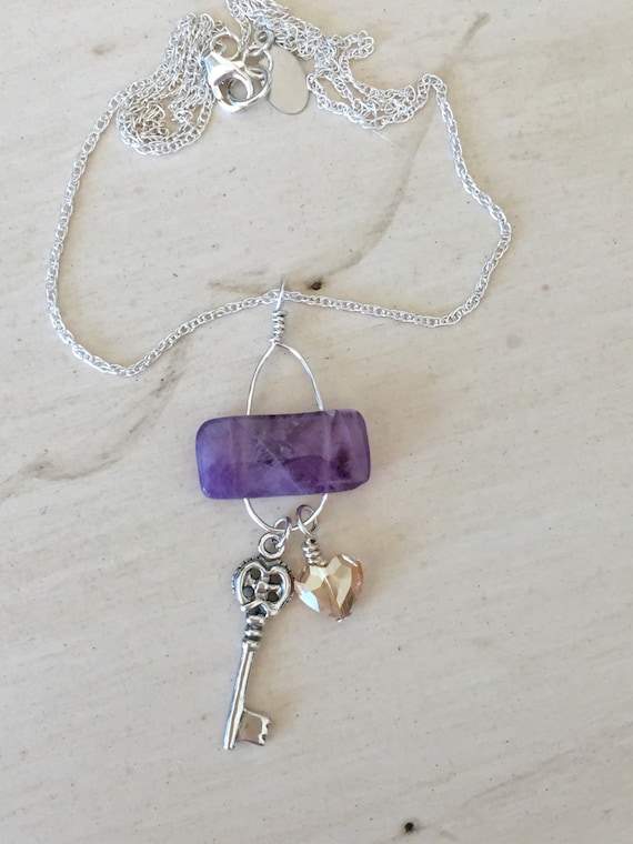 Key and Dog Teeth Amethyst Pendant Necklace, Sterling Silver