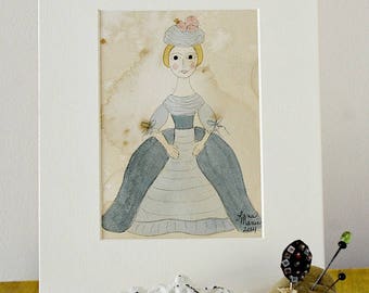 Queen Anne Doll Original Watercolor No. 2 by Lana Manis, Early American, Primitive, Folk Art, Ready to Frame