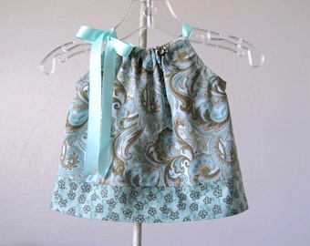 Baby Girls Aqua Dress - Dress and Bloomers Outfit - Paisley Print Dress - Aqua and Grey Pillowcase Dress - Size Nb, 3m, 6m, 9m, 2m or 18m