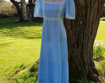 Vintage summer dress, blue cotton, maxi dress, 1970's, wedding, party, festival