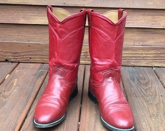 Red leather cowboy boots / women's size US 8.5 / Free shipping