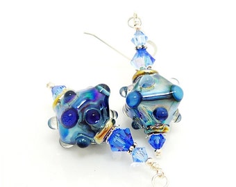 Blue Glass Earrings, Blue Lampwork Earrings, Lampwork Glass Earrings, Lampwork Bead Earrings, Glass Bead Earrings, Unusual Earrings