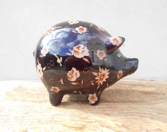 Cute vintage piggy bank, ceramic pig and flowers money box. Kid's room decor.
