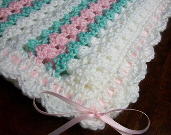 White Crochet Baby Blanket, White Crochet Baby Afghan, Pink Handmade Baby Blanket, Mint Baby Blanket, Pink and Green Newborn Blanket