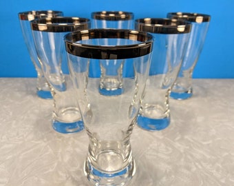 Vintage 6 Piece Hourglass Pilsner Silver Rimmed Tall Glasses - Dorthothy Thrope Style - Libbey Mid-Century Bar Glasses
