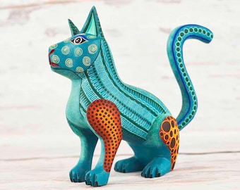 A1361 Cat Alebrije Oaxacan Wood Carving Painting Handcrafted Folk Art Mexican Craft