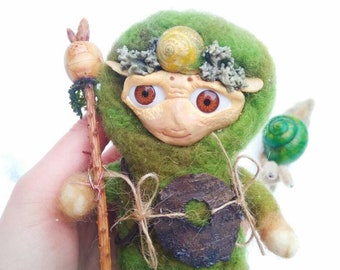 OOAK polymer clay doll. Art doll sculpture. Felted doll. OOAK forest dweller. Wool Sculpture. Polymer Clay Sculpture.Fantasy Figurine.