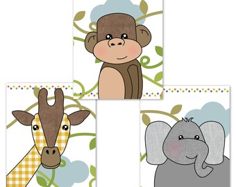 Nursery wall art, baby woodland nursery decor, kids room decor, giraffe monkey elephant jungle, baby animals prints decor