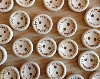 10 Piece Round 15mm Wooden Buttons 'Handmade With Love' Buttons for Clothing Sewing Scrapbooking