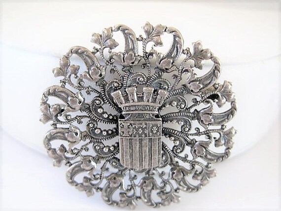 French Brooch, Heraldic Coat of Arms, Silver Filigree Metal, Provence Shield, Trombone Clasp