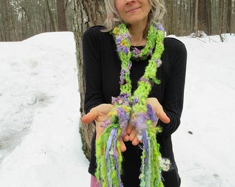 hand knit soft art yarn boa gypsy boho wool curls spring scarf - spring growings scarf