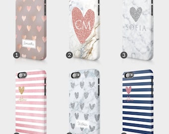 Personalised Heart Marble Printed Glitter Initials Custom Phone Case For Iphone & Samsung 3D Full Wrap Hard Cover Gift