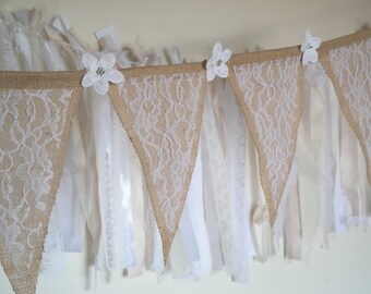 Burlap Banner, Lace Banner, Rustic Wedding Garland, Burlap and Lace Banner, Rustic Bunting, Wedding Decoration, Burlap Wedding