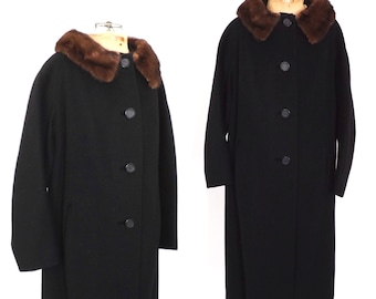 Vintage 1950s Black Wool Coat Fur Coat Mink Collar Swing Coat Outerwear 50s Winter Coat Hollywood Glamour Mad Men Medium Large Peacoat