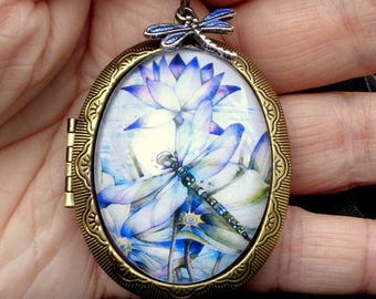 Large Cameo Locket, Glass Capped, Painted Dragonfly, Lavender/Blue, Black Ribbon Cord, Antiqued Brass Locket, Victorian Design, Hand Crafted