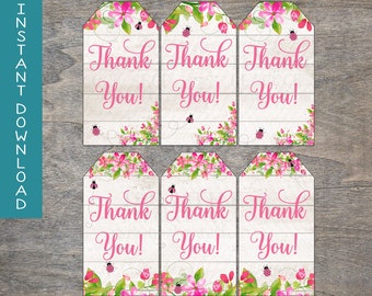 Pink Ladybug Gift Tags | Floral Watercolor Garden Party Baby Shower Birthday Spring Flowers Wood Goodie Bag Digital | INSTANT DOWNLOAD