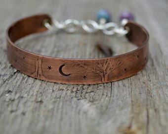 Sterling Copper Bangle. Under The Stars . Hand Stamped . Sterling Silver . Cold Connections . Rustic . Earthy . Boho .