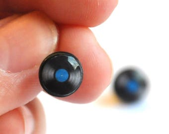 Stud Earrings / studs vinyl retro disco / pop vintage; Blue and black polymer jewelry