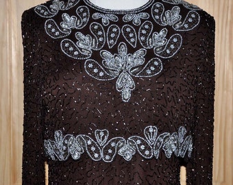 Vintage Brilliante by J.A. Full Length Brown Beaded Formal Gown, Size L, Mother of the Bride Dress, Brown Formal Gown, Beaded Brown Gown