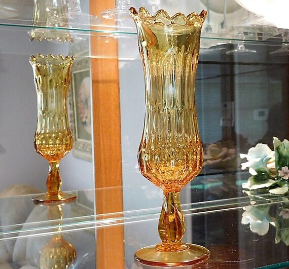 Amber Art Glass Swung Glass Vase / Stretch Pulled Glass Pedestal Vase / Mid Century MOD